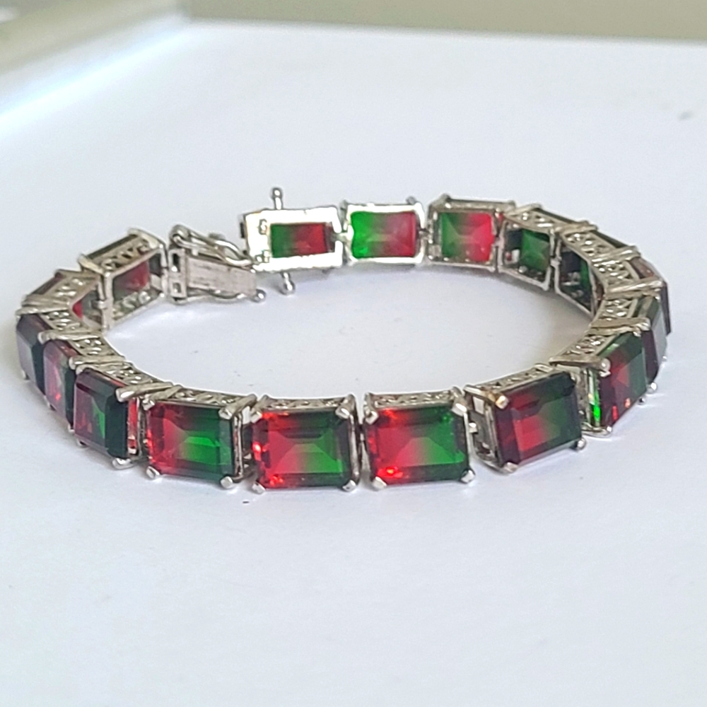 Gorgeous Sterling Silver Watermelon Quartz Tourmaline Glass Tennis Bracelet